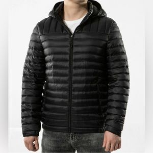 QLZ unisex Portable Slim Puffer Jacket With Hood Coat black Size S to XXL